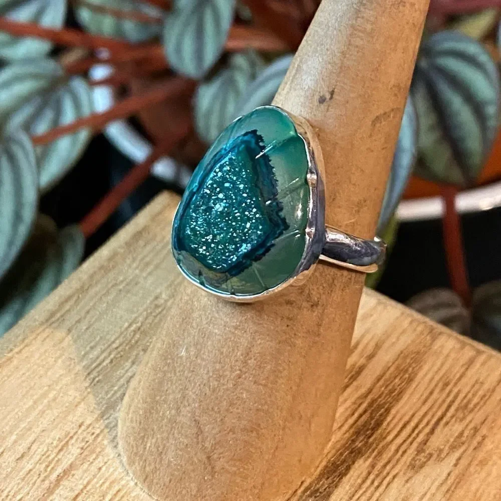 Mediterranean Green Carved Aura Druzy Sterling Silver Size 6.5